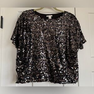 H&M Black Sequin Short Sleeve Top - size medium
